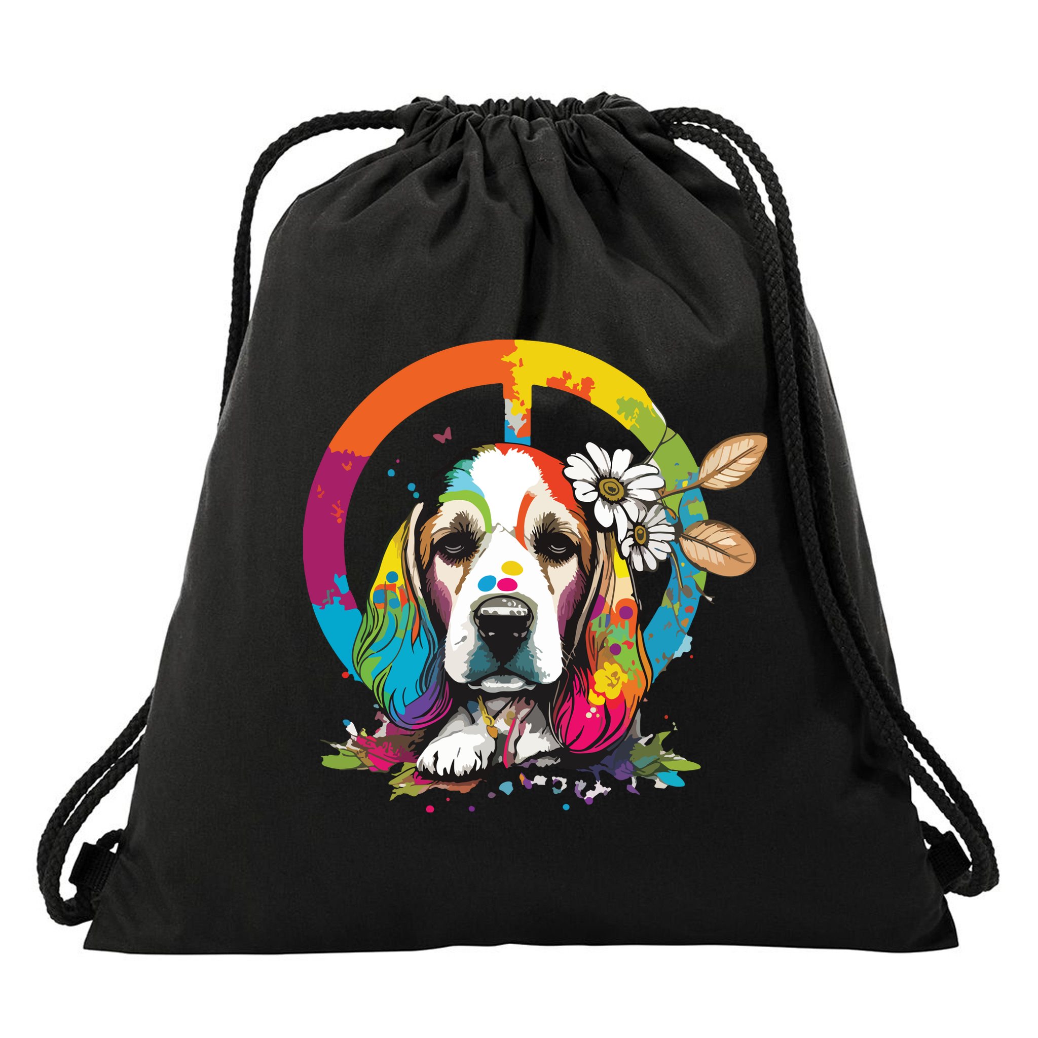 Funny Beagle Dog Hippie Drawstring Bag