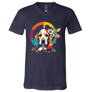 Funny Beagle Dog Hippie V-Neck T-Shirt