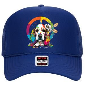 Funny Beagle Dog Hippie High Crown Mesh Back Trucker Hat