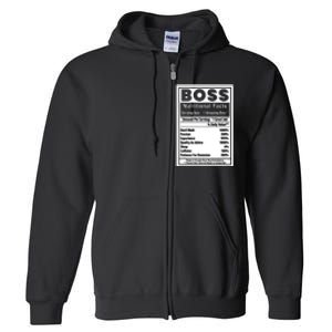 Funny Bosss Day Nutritional Facts Employee Appreciation Full Zip Hoodie