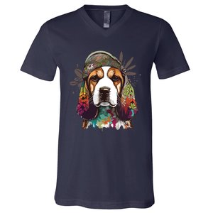 Funny Beagle Dog Hippie V-Neck T-Shirt