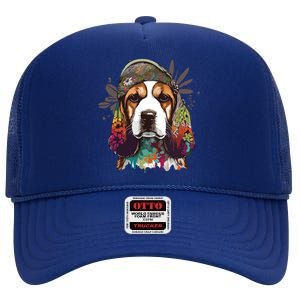 Funny Beagle Dog Hippie High Crown Mesh Back Trucker Hat