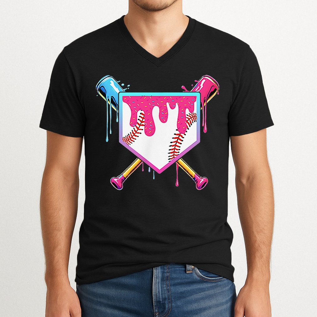 Funny Baseball Drip For Home Plate Ice Cream Drip V-Neck T-Shirt
