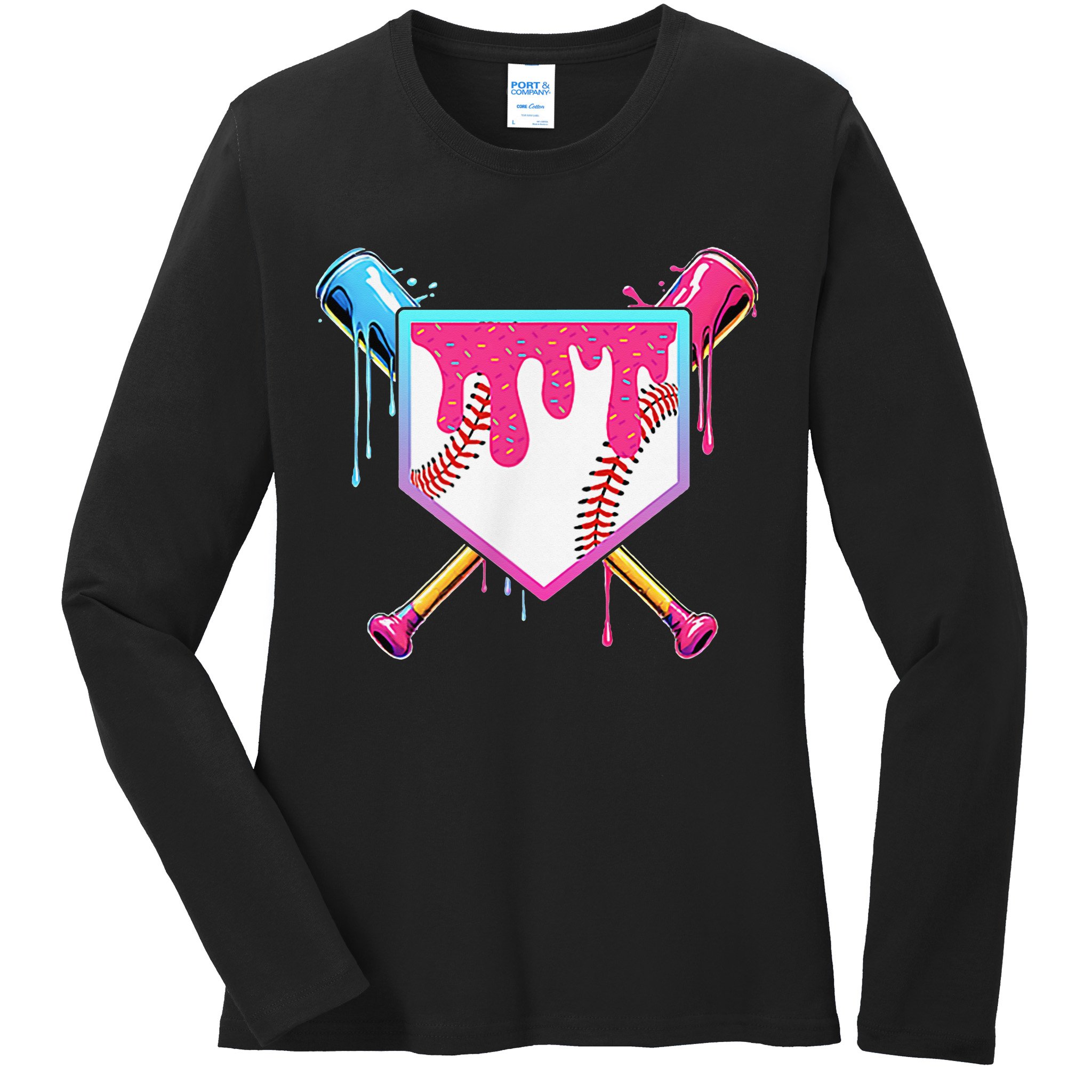 Funny Baseball Drip For Home Plate Ice Cream Drip Ladies Long Sleeve Shirt