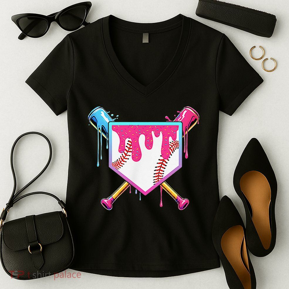 Funny Baseball Drip For Home Plate Ice Cream Drip Women's V-Neck T-Shirt