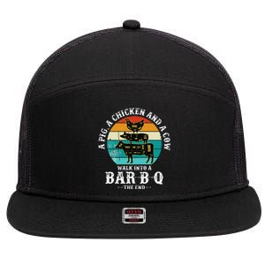 Funny BBQ DAD A Pig A Chicken And A Cow Walk into a BarBQ 7 Panel Mesh Trucker Snapback Hat