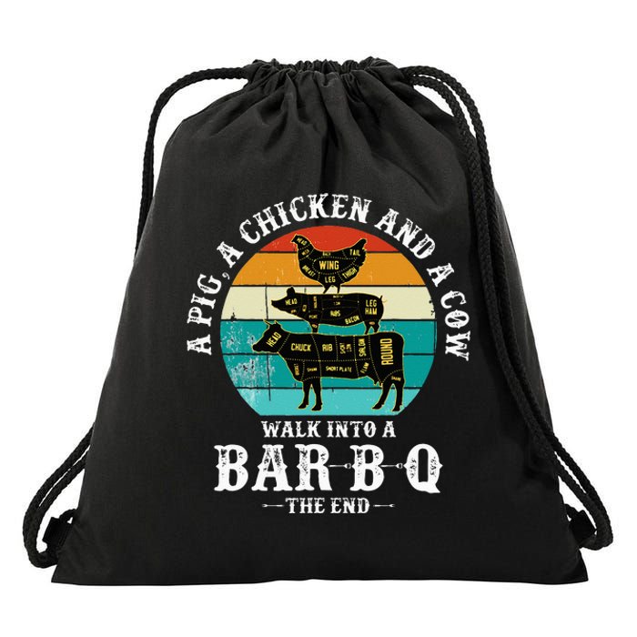 Funny BBQ DAD A Pig A Chicken And A Cow Walk into a BarBQ Drawstring Bag