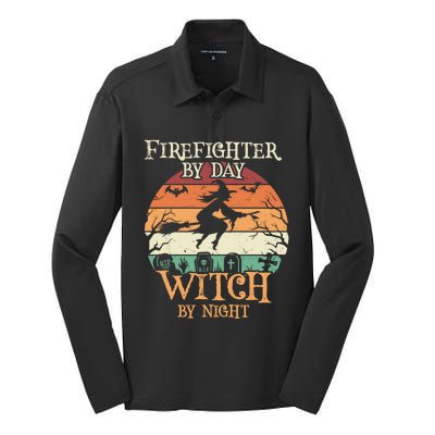 Firefighter By Day Witch By Night Halloween Gift Silk Touch Performance Long Sleeve Polo