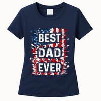 Funny Best Dad Ever Fathers Day Papa Us American Flag Womens T-Shirt