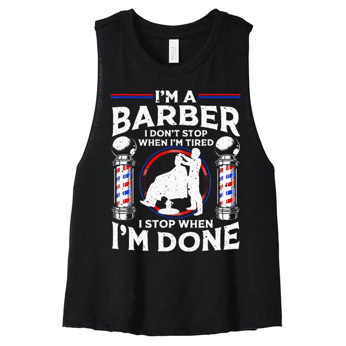 Funny Barber Designs For Dad Hairstyling Humor Quote Women's Racerback Cropped Tank