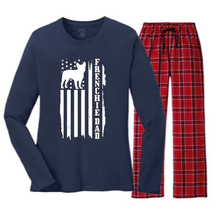 French Bulldog Dad American Flag Patriotic Frenchie Dog Women's Long Sleeve Flannel Pajama Set 