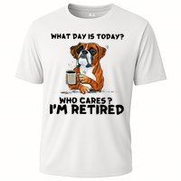 Funny Boxer Dog What Day Is Today Who Care I'm Retired Cooling Performance Crew T-Shirt