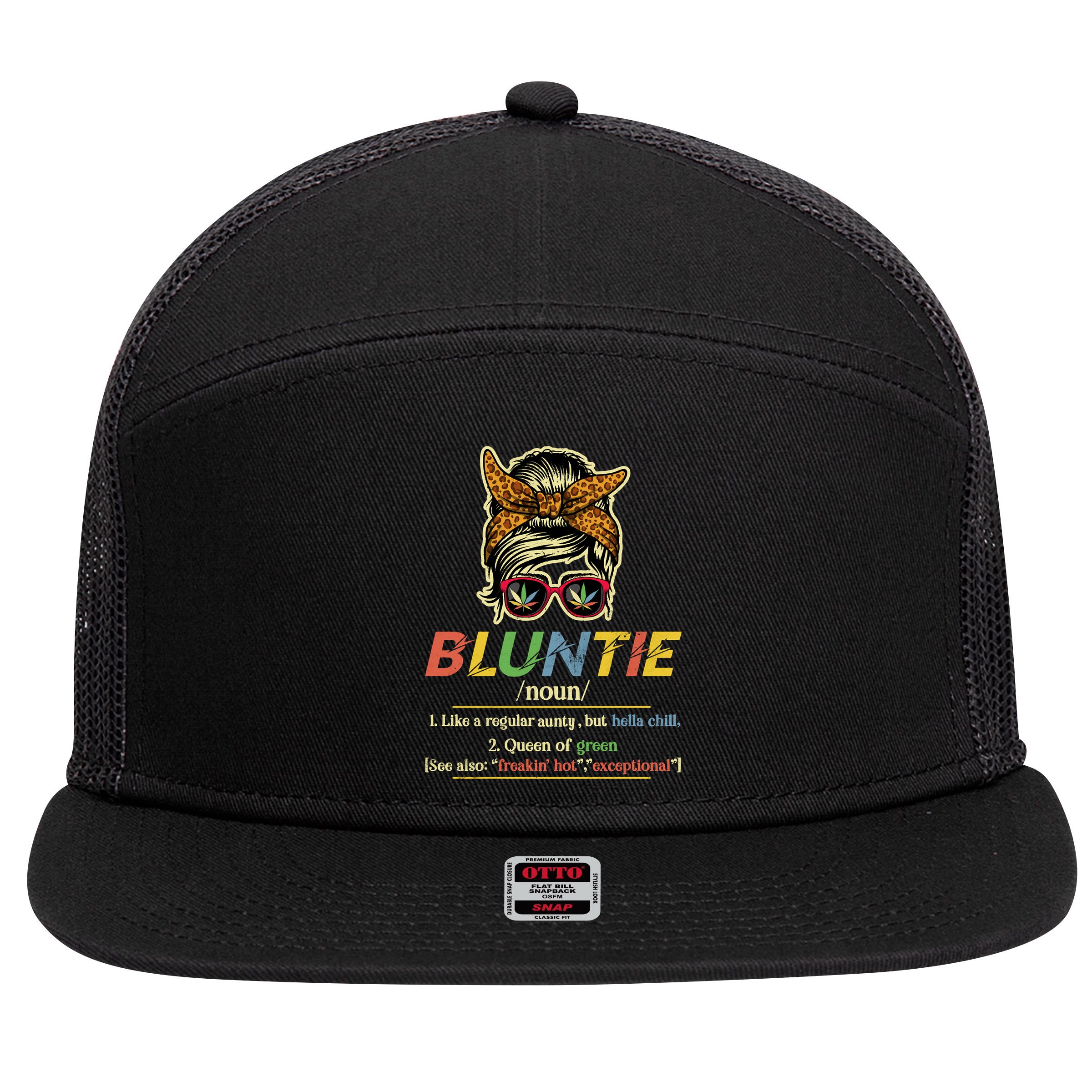 Funny Bluntie Definition Stoner Aunt Auntie Weed Marijuana Pot Smoker 7 Panel Mesh Trucker Snapback Hat