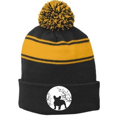 French Bulldog Dog Full Moon Howl Funny Frenchie Lover Stripe Pom Pom Beanie