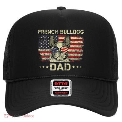 French Bulldog Dad Dog Lovers American Flag 4th Of July High Crown Mesh Back Trucker Hat