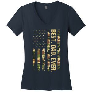 Funny Best Dad Ever American Military Camouflage Flag Gift Women's V-Neck T-Shirt