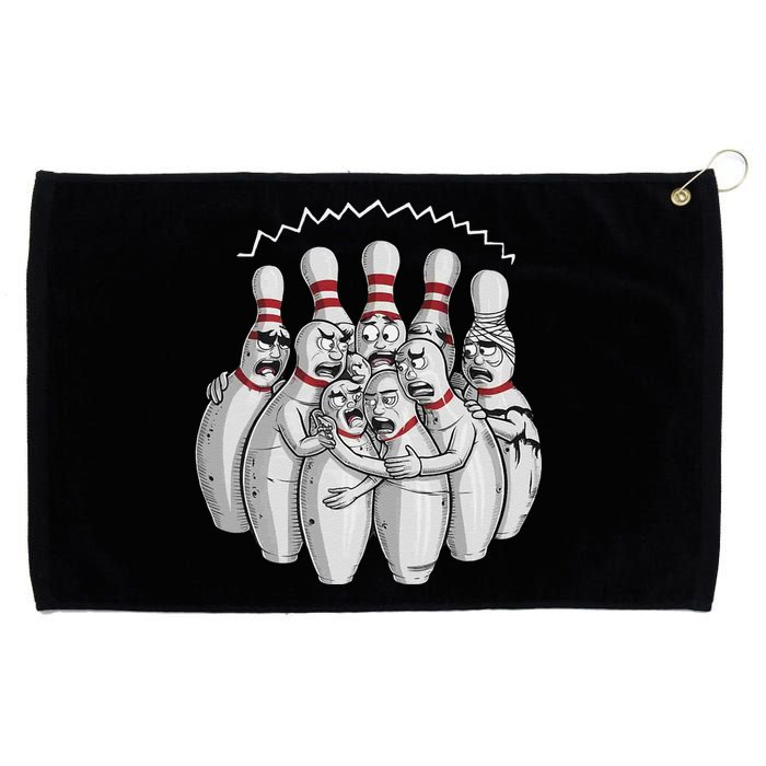 Funny Bowling Design With Nervous Pins Facing A Bowling Ball Grommeted Golf Towel