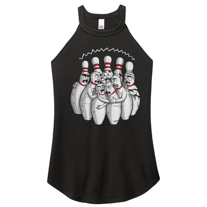 Funny Bowling Design With Nervous Pins Facing A Bowling Ball Women’s Perfect Tri Rocker Tank