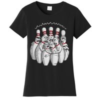 Funny Bowling Design With Nervous Pins Facing A Bowling Ball Women's T-Shirt