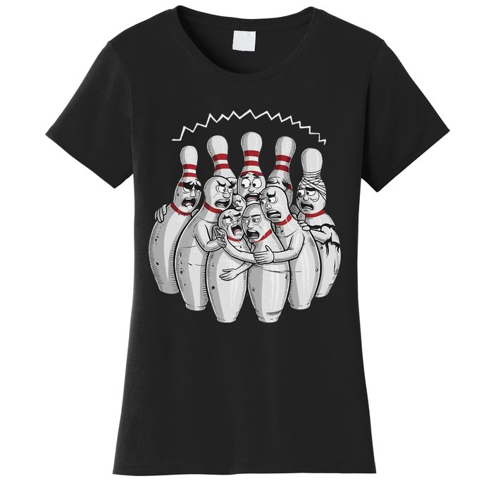 Funny Bowling Design With Nervous Pins Facing A Bowling Ball Women's T-Shirt