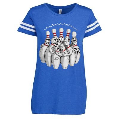 Funny Bowling Design With Nervous Pins Facing A Bowling Ball Enza Ladies Jersey Football T-Shirt