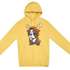 French Bulldog Dressed As Reindeer Dogs Xmas Gift Premium Pullover Hoodie