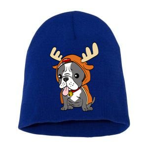 French Bulldog Dressed As Reindeer Dogs Xmas Gift Short Acrylic Beanie