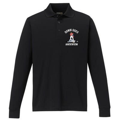 FUNNY BASEBALL DOWN GOES ANDERSON Performance Long Sleeve Polo