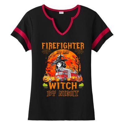 Firefighter By Day Witch By Night Halloween Fire Truck Funny Gift Ladies Halftime Notch Neck Tee