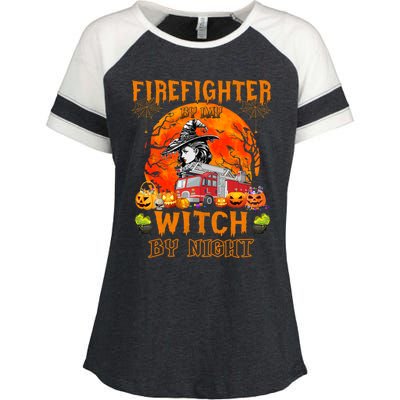 Firefighter By Day Witch By Night Halloween Fire Truck Funny Gift Enza Ladies Jersey Colorblock Tee