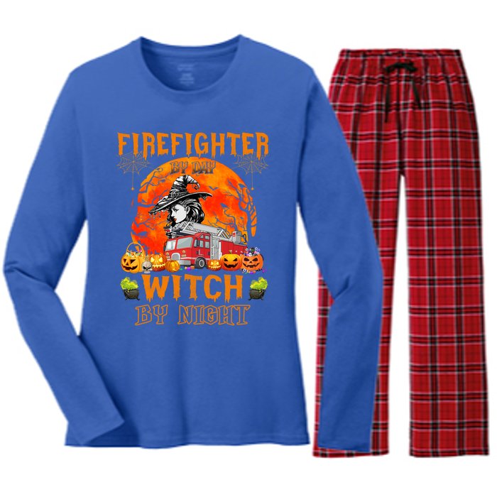 Firefighter By Day Witch By Night Halloween Fire Truck Funny Gift Women's Long Sleeve Flannel Pajama Set 