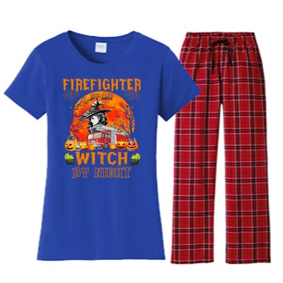 Firefighter By Day Witch By Night Halloween Fire Truck Funny Gift Women's Flannel Pajama Set