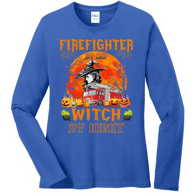 Firefighter By Day Witch By Night Halloween Fire Truck Funny Gift Ladies Long Sleeve Shirt