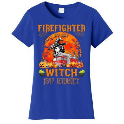 Firefighter By Day Witch By Night Halloween Fire Truck Funny Gift Women's T-Shirt