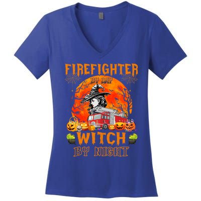 Firefighter By Day Witch By Night Halloween Fire Truck Funny Gift Women's V-Neck T-Shirt