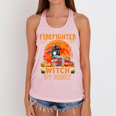 Firefighter By Day Witch By Night Halloween Fire Truck Funny Gift Women's Knotted Racerback Tank