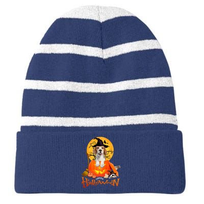 Funny Beagle Dog Spooky Halloween Striped Beanie with Solid Band