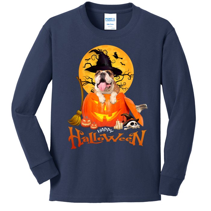 Funny Bulldog Dog Spooky Halloween Kids Long Sleeve Shirt