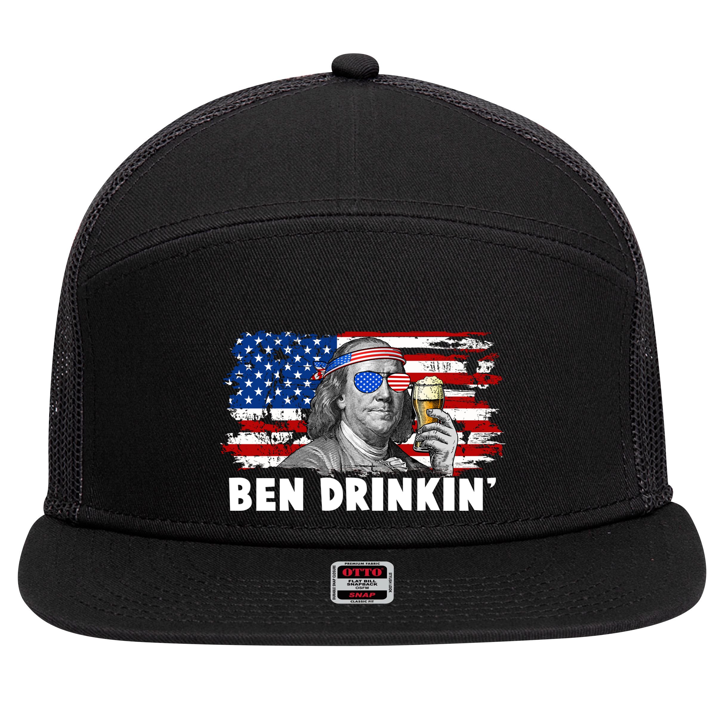 Funny Ben Drinkin USA American Flag 7 Panel Mesh Trucker Snapback Hat
