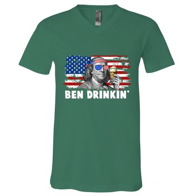 Funny Ben Drinkin USA American Flag V-Neck T-Shirt