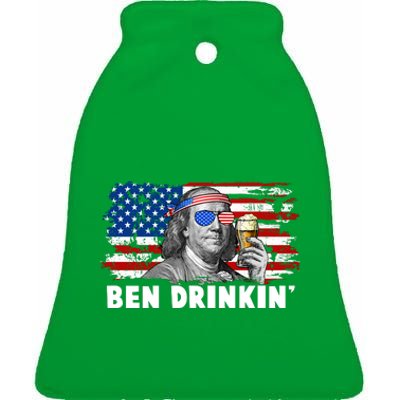 Funny Ben Drinkin USA American Flag Ceramic Bell Ornament