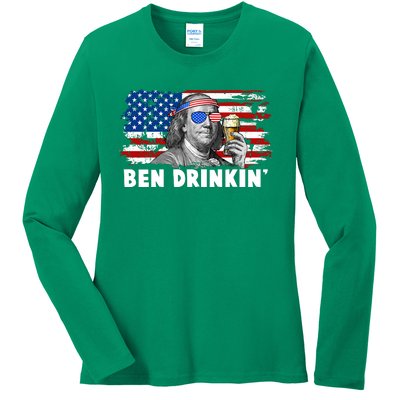 Funny Ben Drinkin USA American Flag Ladies Long Sleeve Shirt