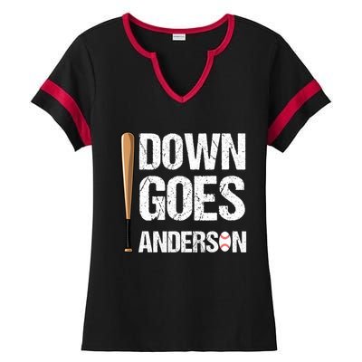 FUNNY BASEBALL DOWN GOES ANDERSON Ladies Halftime Notch Neck Tee