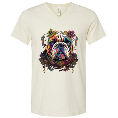 Funny Bulldog Dog Hippie V-Neck T-Shirt