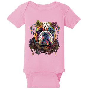 Funny Bulldog Dog Hippie Baby Bodysuit