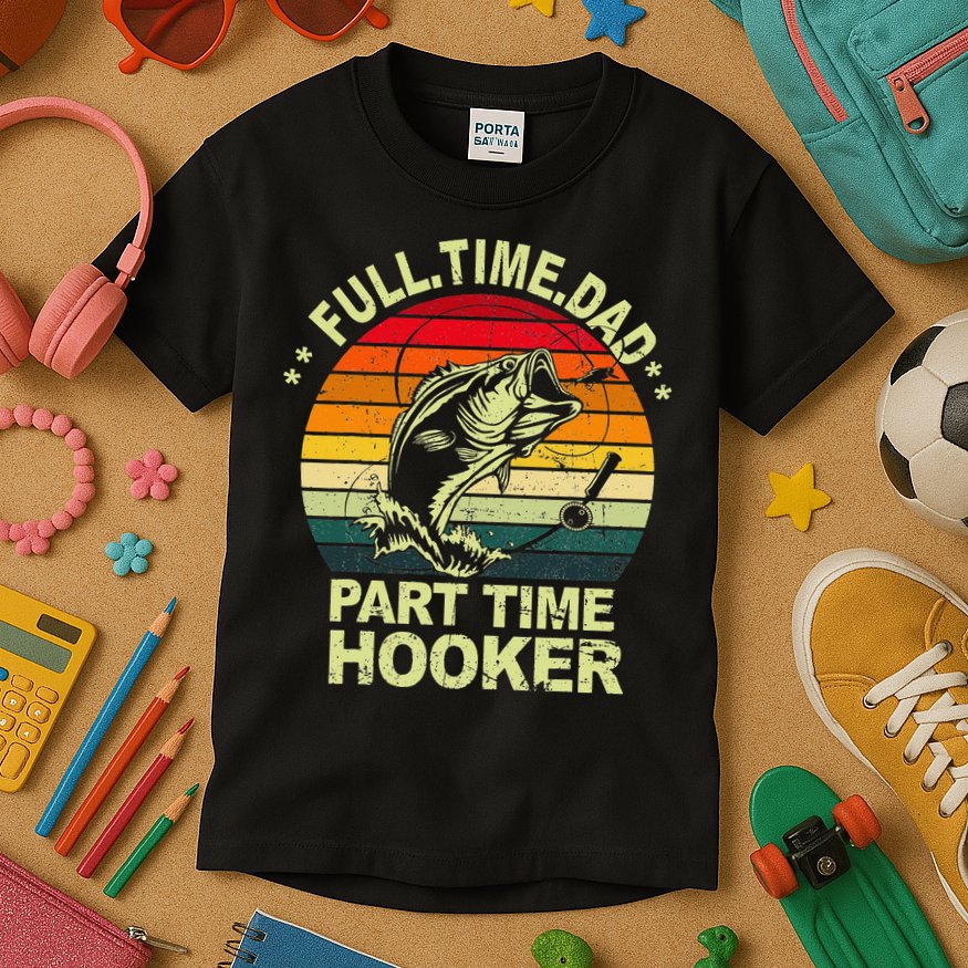 Funny Bass Dad Fishing Full Time Dad Part Time Hooker Kids T-Shirt
