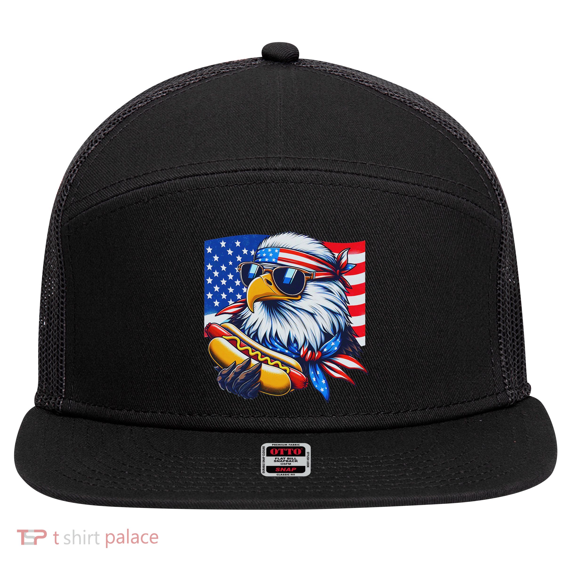 Funny Bald Eagle Hotdog American Flag 4th Of July Patriotic 7 Panel Mesh Trucker Snapback Hat