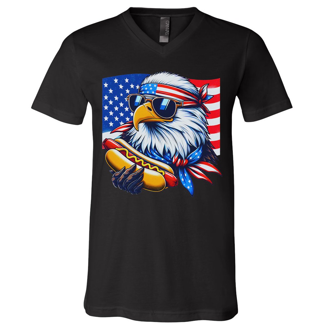 Funny Bald Eagle Hotdog American Flag 4th Of July Patriotic V-Neck T-Shirt