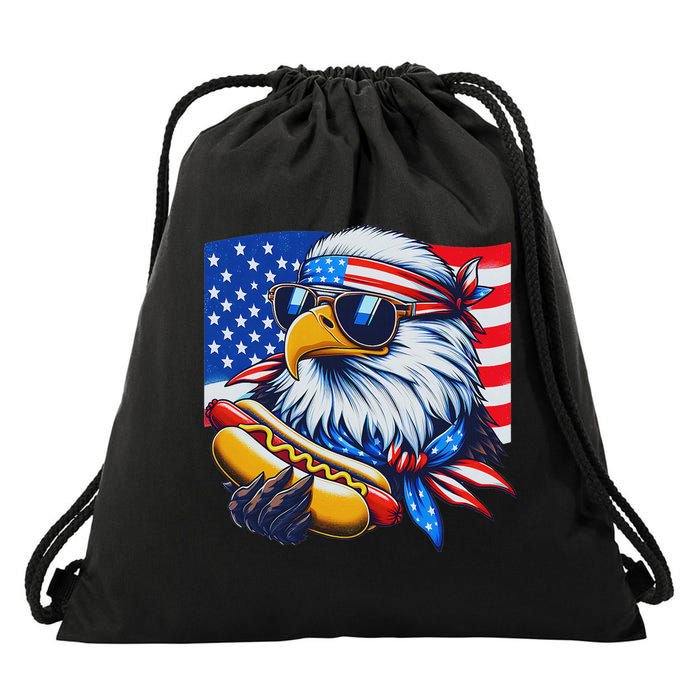 Funny Bald Eagle Hotdog American Flag 4th Of July Patriotic Drawstring Bag