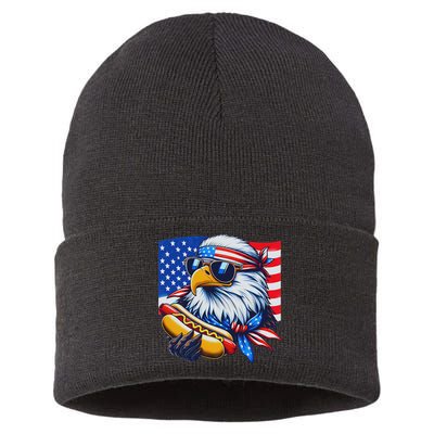 Funny Bald Eagle Hotdog American Flag 4th Of July Patriotic Sustainable Knit Beanie